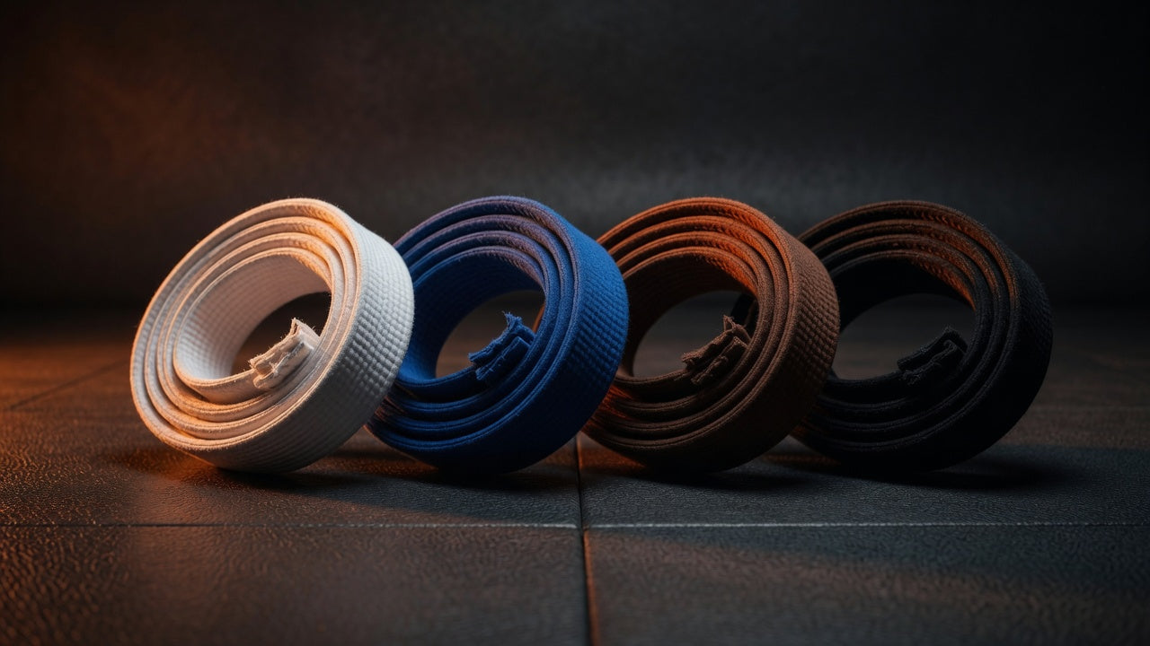 Martial arts rank belts coiled on a dark training mat