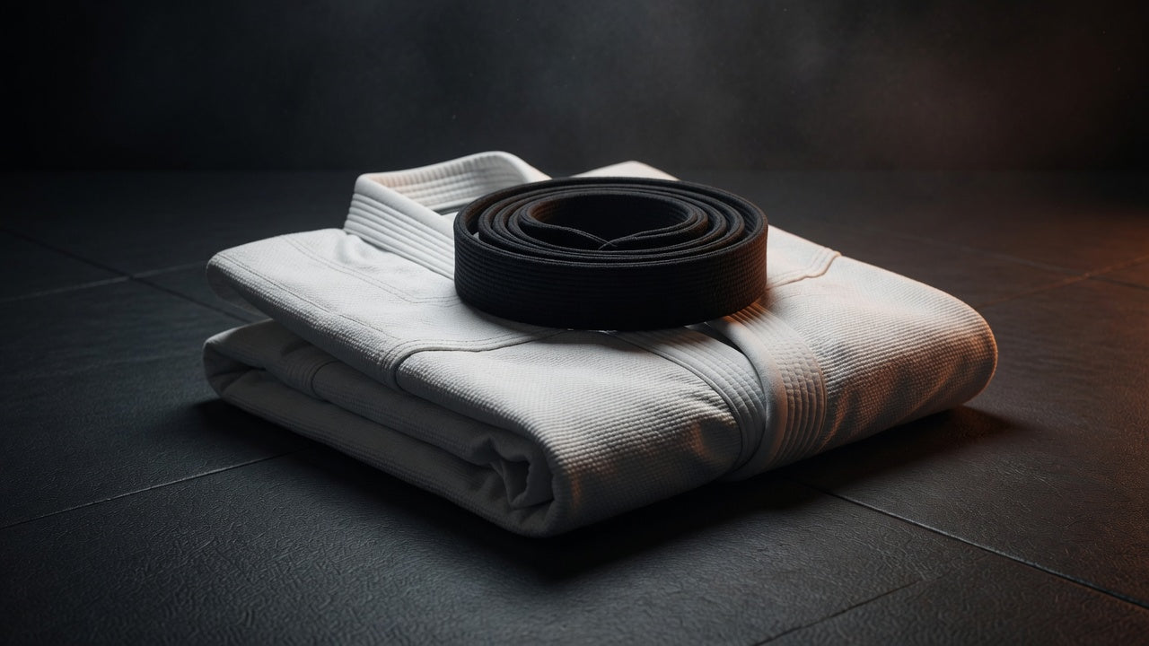 Folded white BJJ gi with black belt on dark training mat