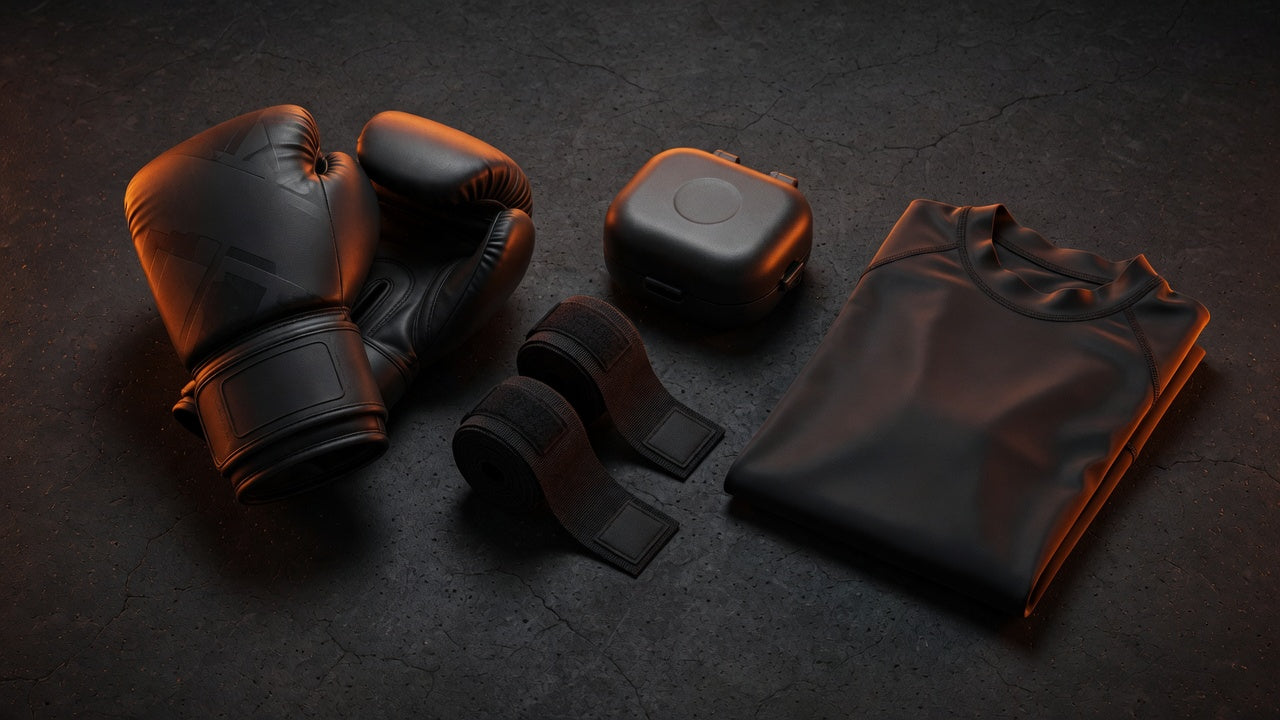 Starter kit flat-lay — gloves, wraps, mouthguard, rashguard on dark concrete