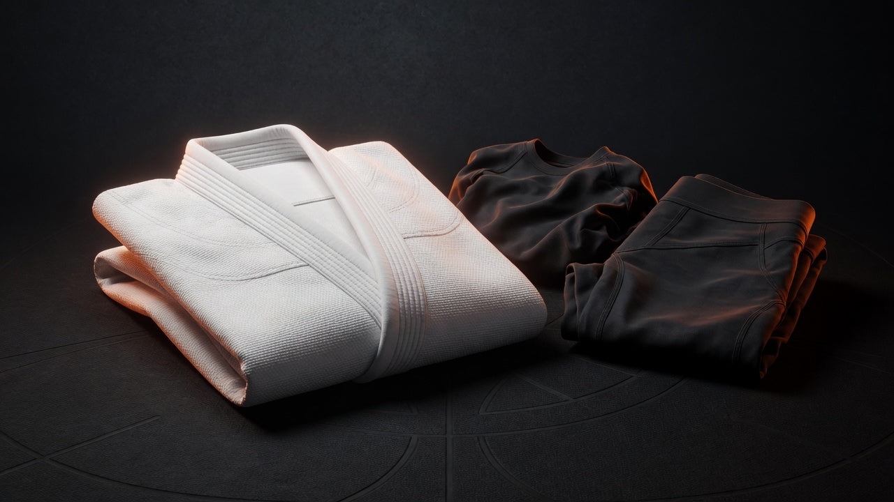 Women's BJJ gi, rashguard and spats on dark training mat