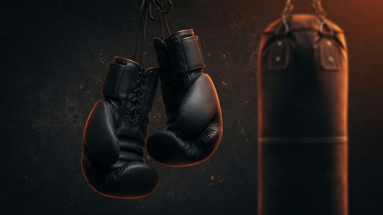 Black boxing gloves hanging against dark gym wall
