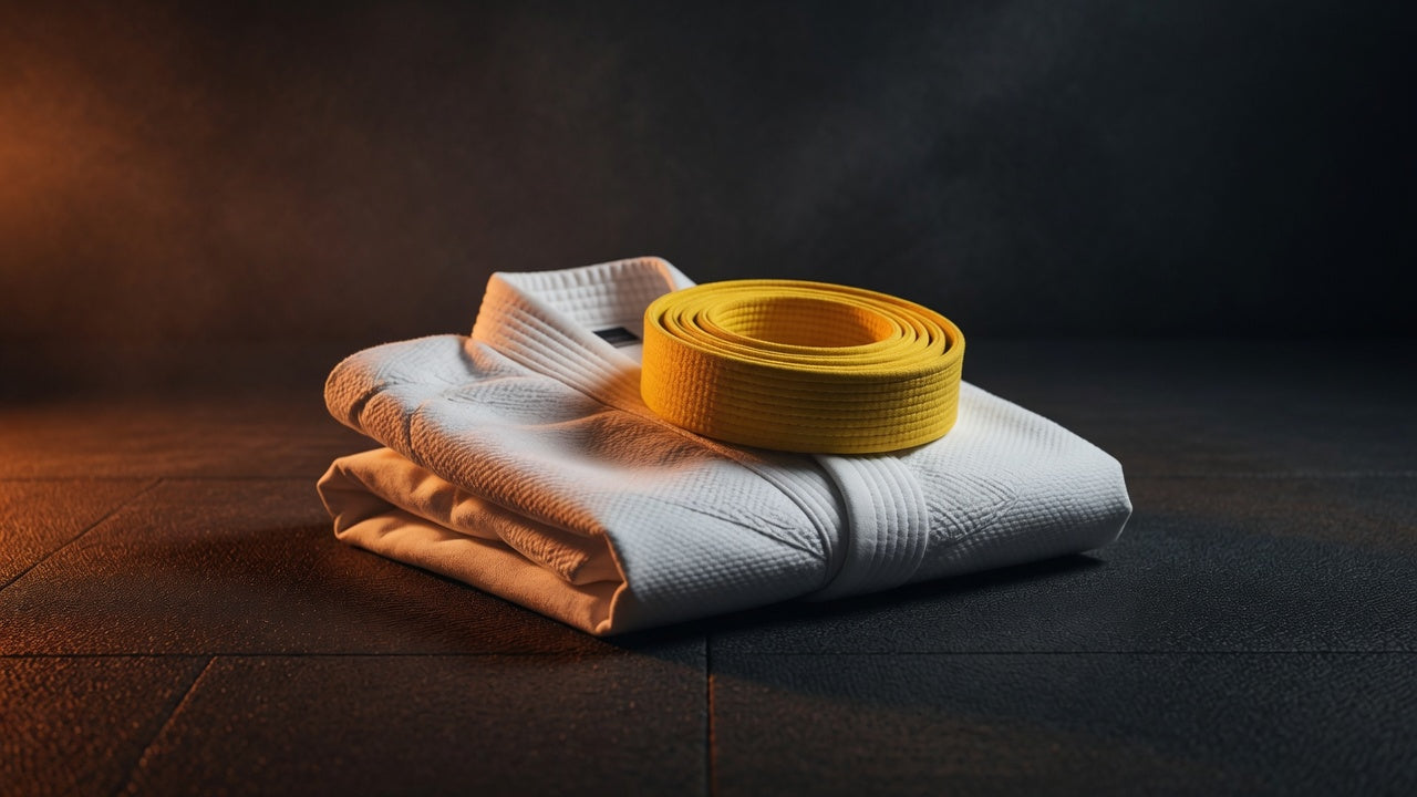Kids white gi with yellow belt on dark training mat