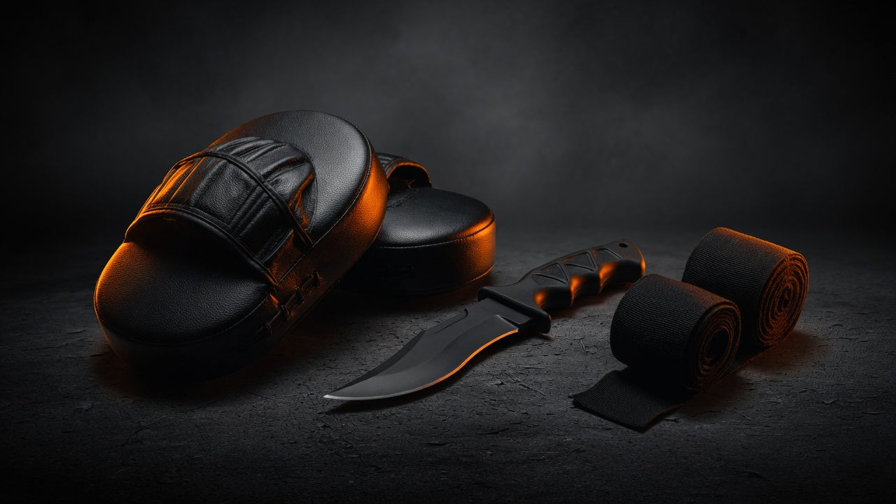 Krav Maga training gear — focus mitts, training knife and hand wraps on dark concrete